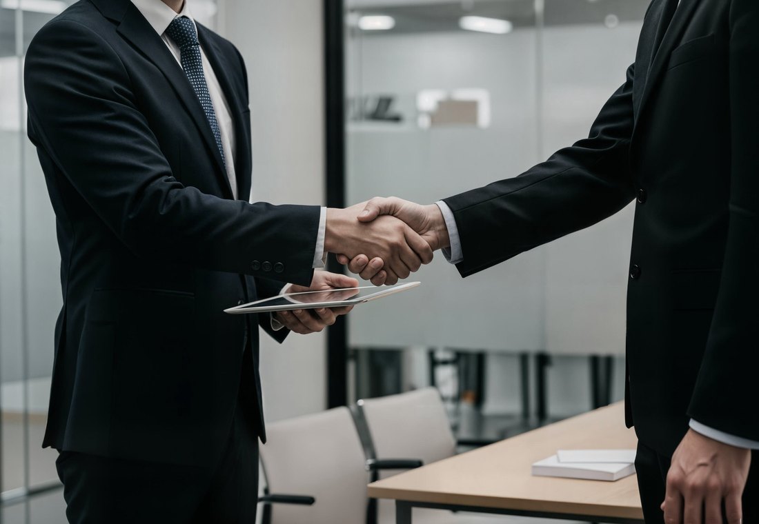 Two attorneys shaking hands over a case file